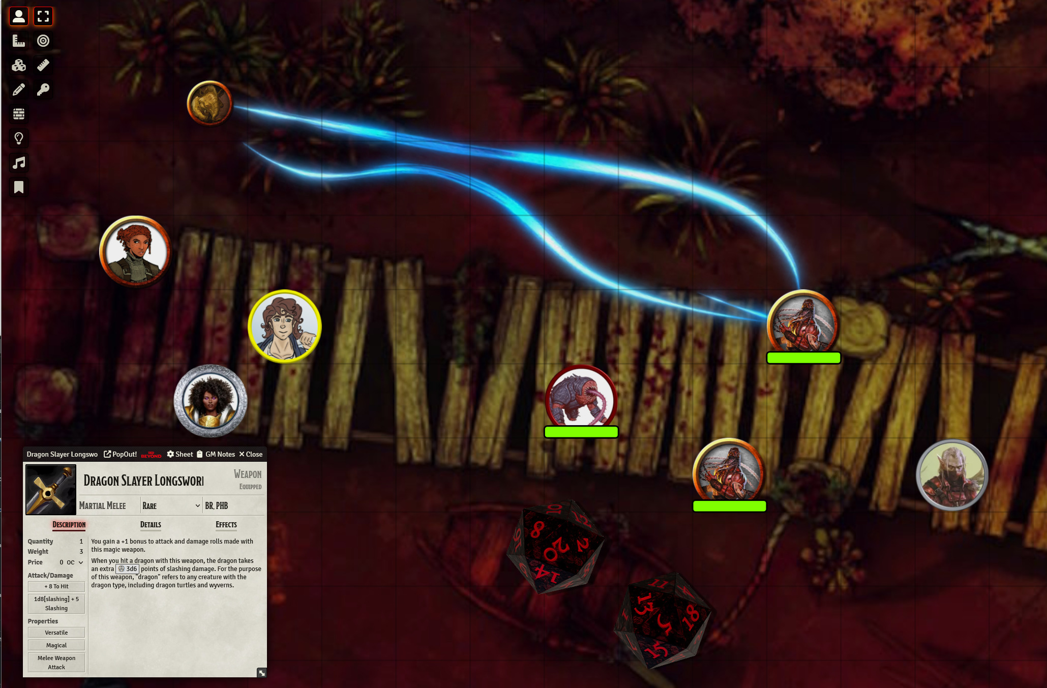 Full image of Screenshot from FoundryVTT, showing a party of three adventurers crossing a rickety bridge through a blood-red swamp, facing off against a handful of fiends coming the other way. A popup item card for a "Dragon Slayer Longsword" is visible, along with two 20-sided dice.