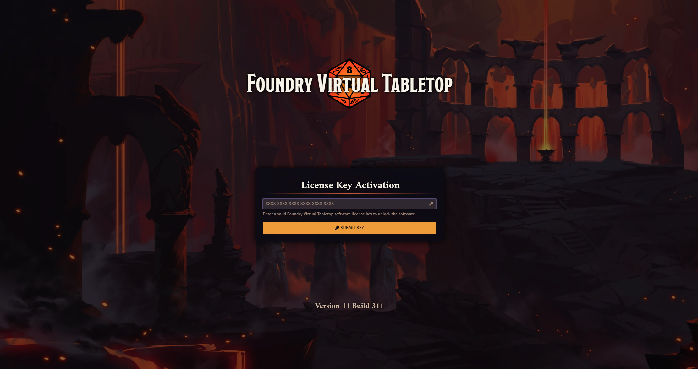 Full image of Screenshot showing FoundryVTT requesting a license key.