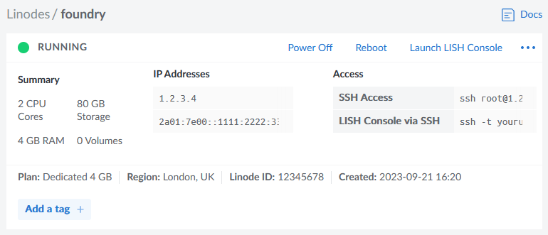 Screenshot from Linode showing a server, "Foundry", running, with specs as described below.