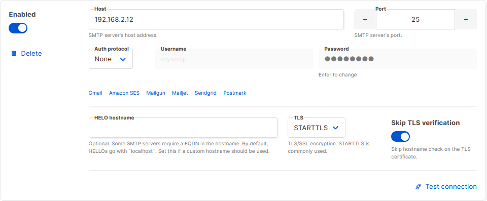 Screenshot showing Listmonk's SMTP configuration screen. The host "192.168.2.12" and port "25" have been entered, TLS has been set to "STARTTLS", Skip TLS verification is enabled, and Auth Protocol is set to "None".