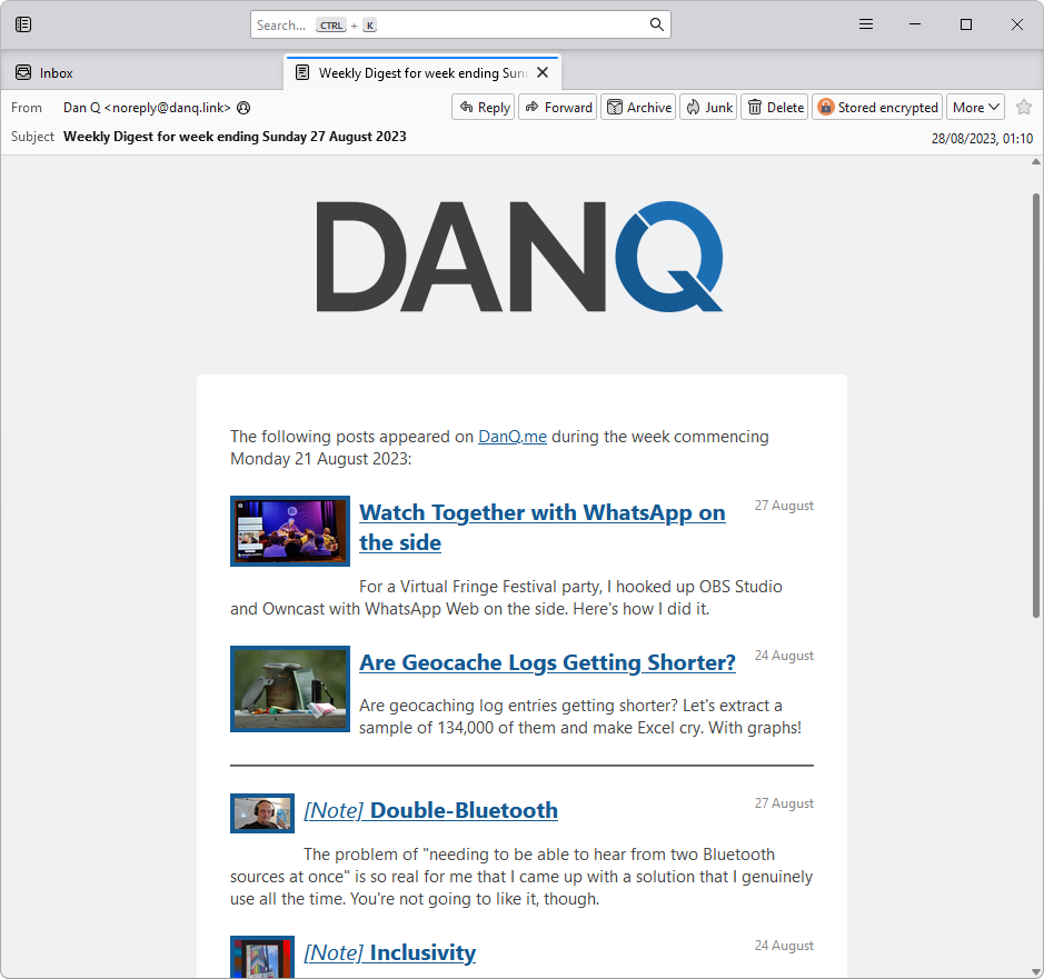 Screenshot of a Weekly Digest email from DanQ.me, showing in Mozilla Thunderbird.