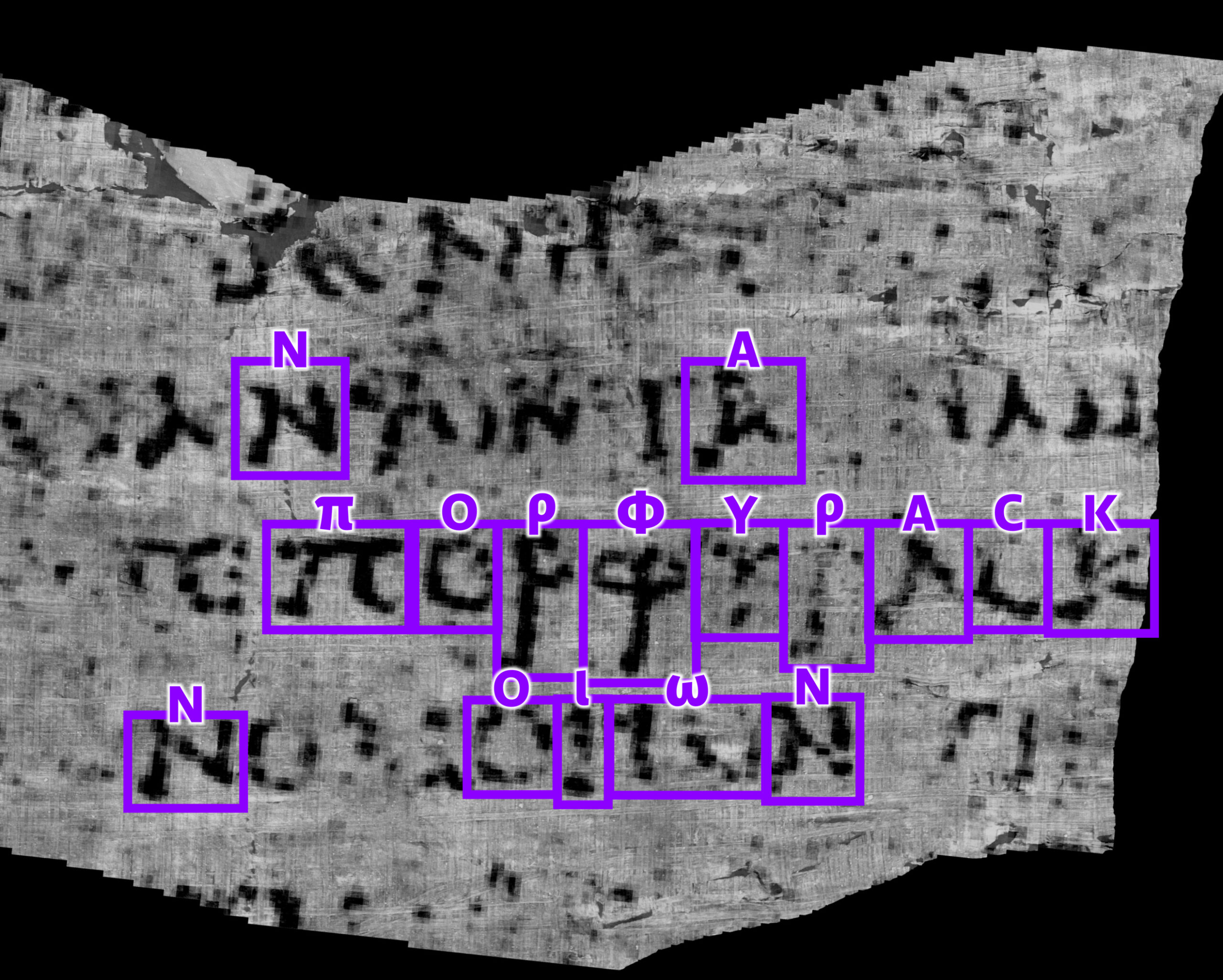 Full image of Computer-assisted photograph showing visible letters on a rolled scroll, with highlighting showing those that can be deciphered, forming a word.