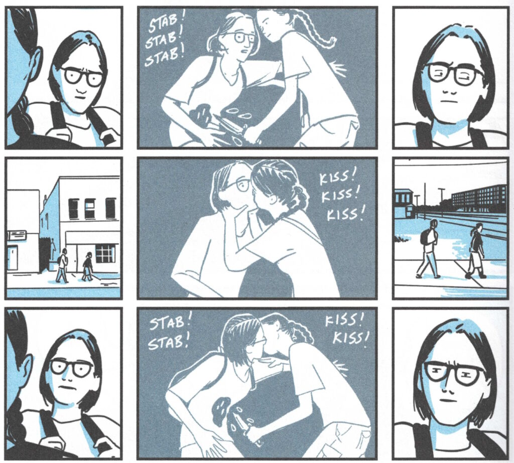 A humorous comic scene from Incredible Doom in which a male character wearing glasses walks with a female character he's recently met and is somewhat intimidated by, playing-out in his mind the possibility that she might be about to stab him. Or kiss him. Or kiss him THEN stab him.