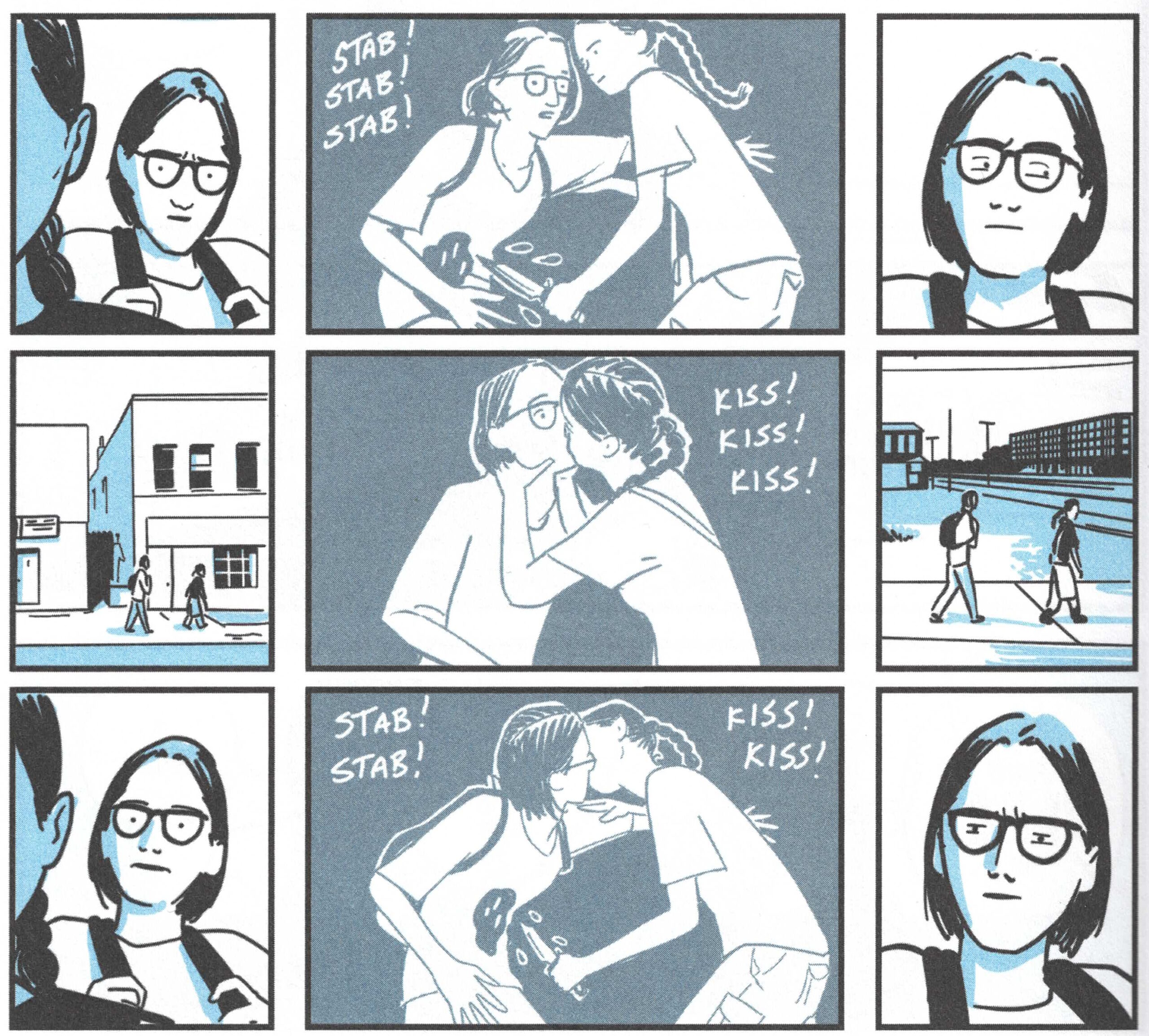 Full image of A humorous comic scene from Incredible Doom in which a male character wearing glasses walks with a female character he's recently met and is somewhat intimidated by, playing-out in his mind the possibility that she might be about to stab him. Or kiss him. Or kiss him THEN stab him.