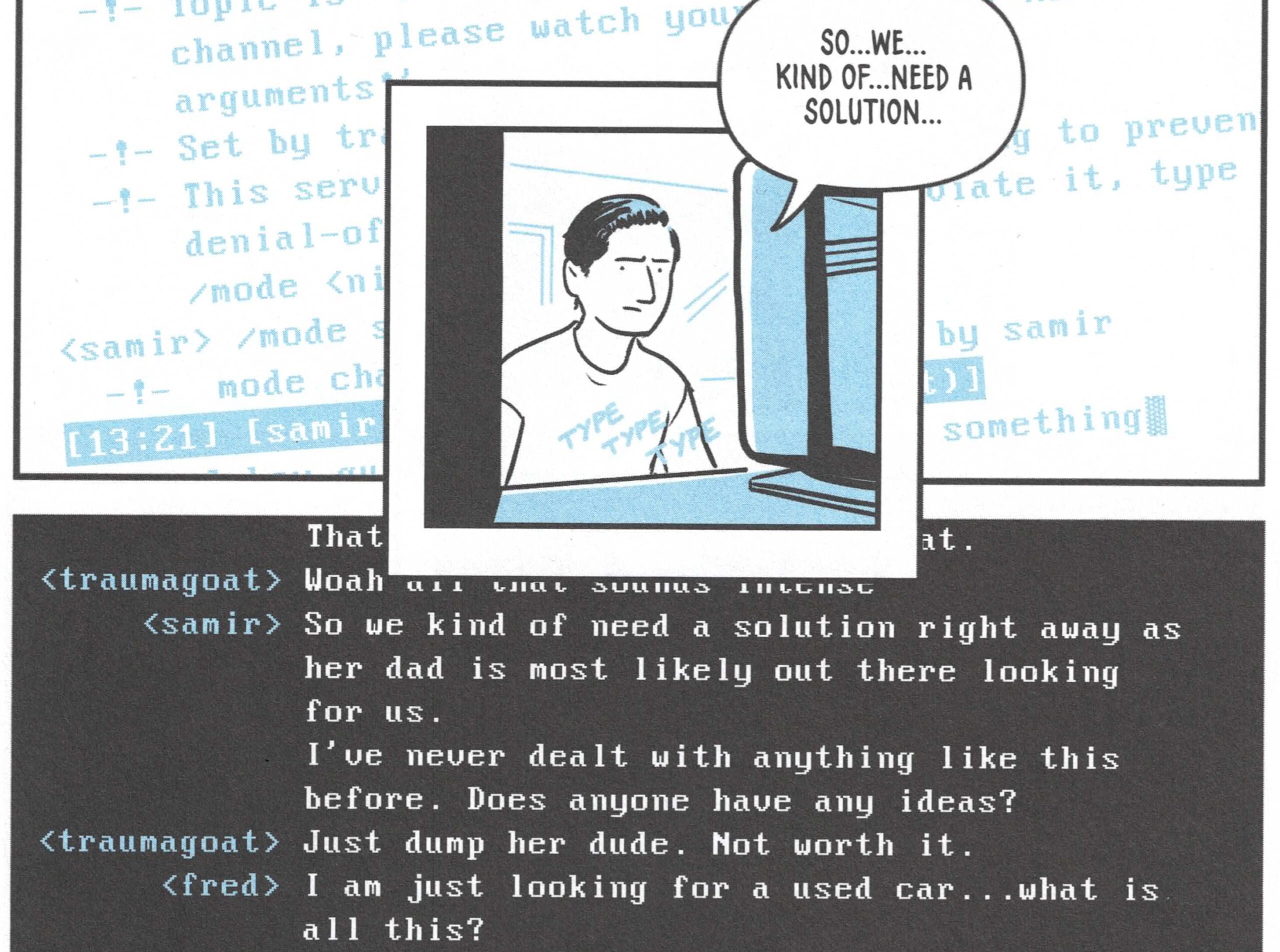 Full image of Partial scan from a page of Incredible Doom, showing a character typing about "needing a solution", with fragments of an IRC chat room visible in background panels.