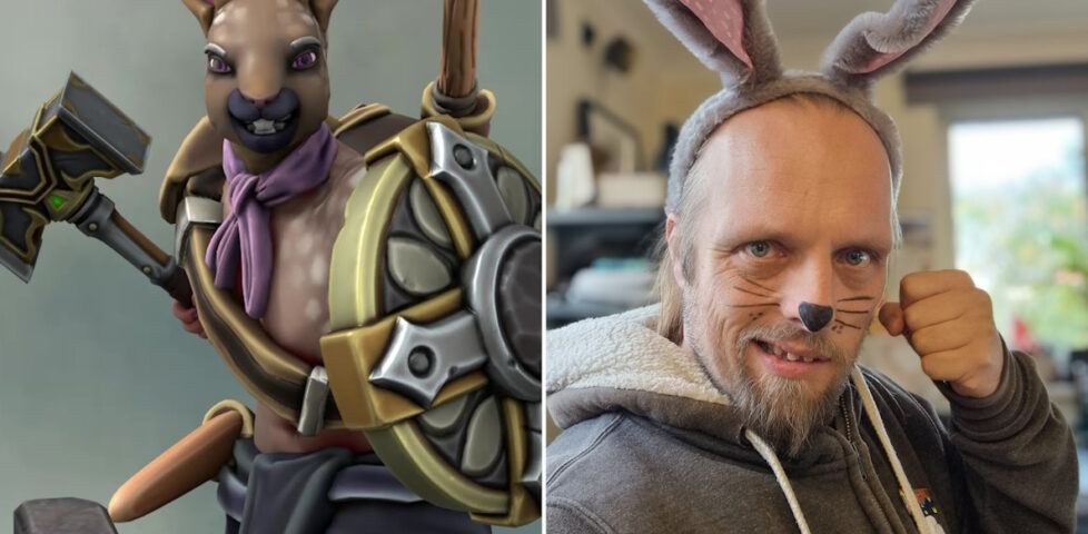 Composite photo showing on the left a render of large anthropomorphic rabbit with chestnut-coloured fur, brandishing a shield and a warhammer; on the right Dan, wearing a rabbit ear headband and with a nose and whiskers painted on his face, looking threatening (insofar as it's possible to do so while looking like a bunny).
