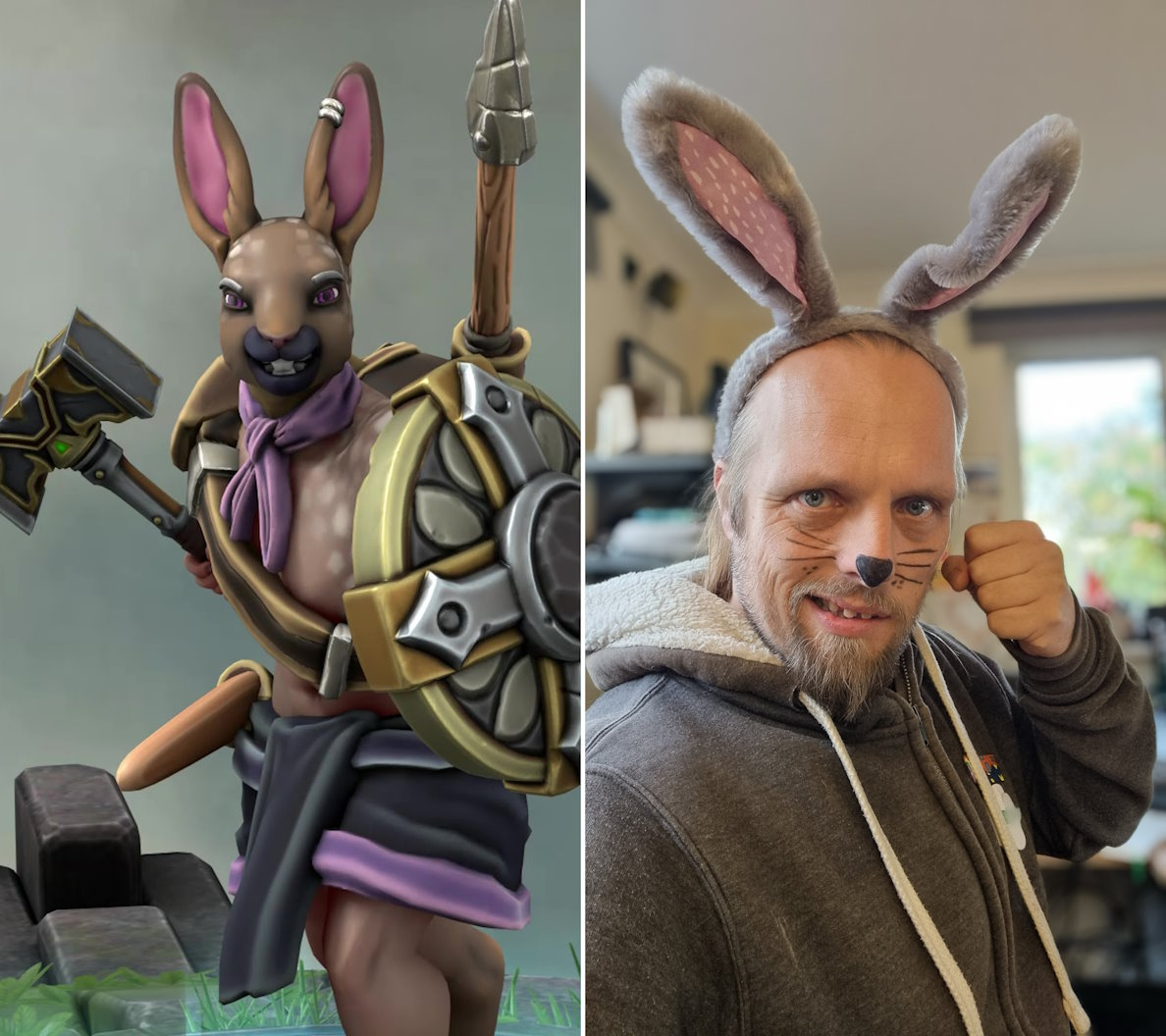 Full image of Composite photo showing on the left a render of large anthropomorphic rabbit with chestnut-coloured fur, brandishing a shield and a warhammer; on the right Dan, wearing a rabbit ear headband and with a nose and whiskers painted on his face, looking threatening (insofar as it's possible to do so while looking like a bunny).