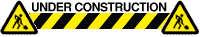 Under construction banner with an animated yellow-and-black tape banner between two "men at work" signs.