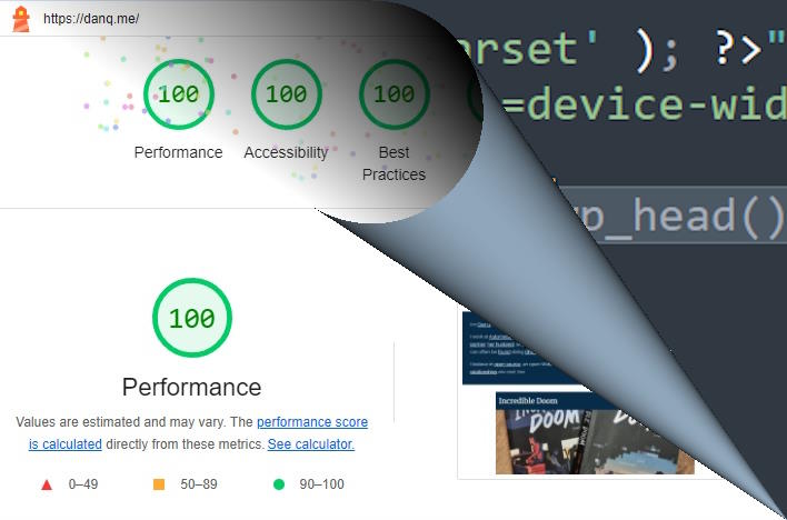 Screenshot showing a "perfect" Lighthouse score for danq.me, with the corner peeled-back to show fragments of WordPress PHP code behind.
