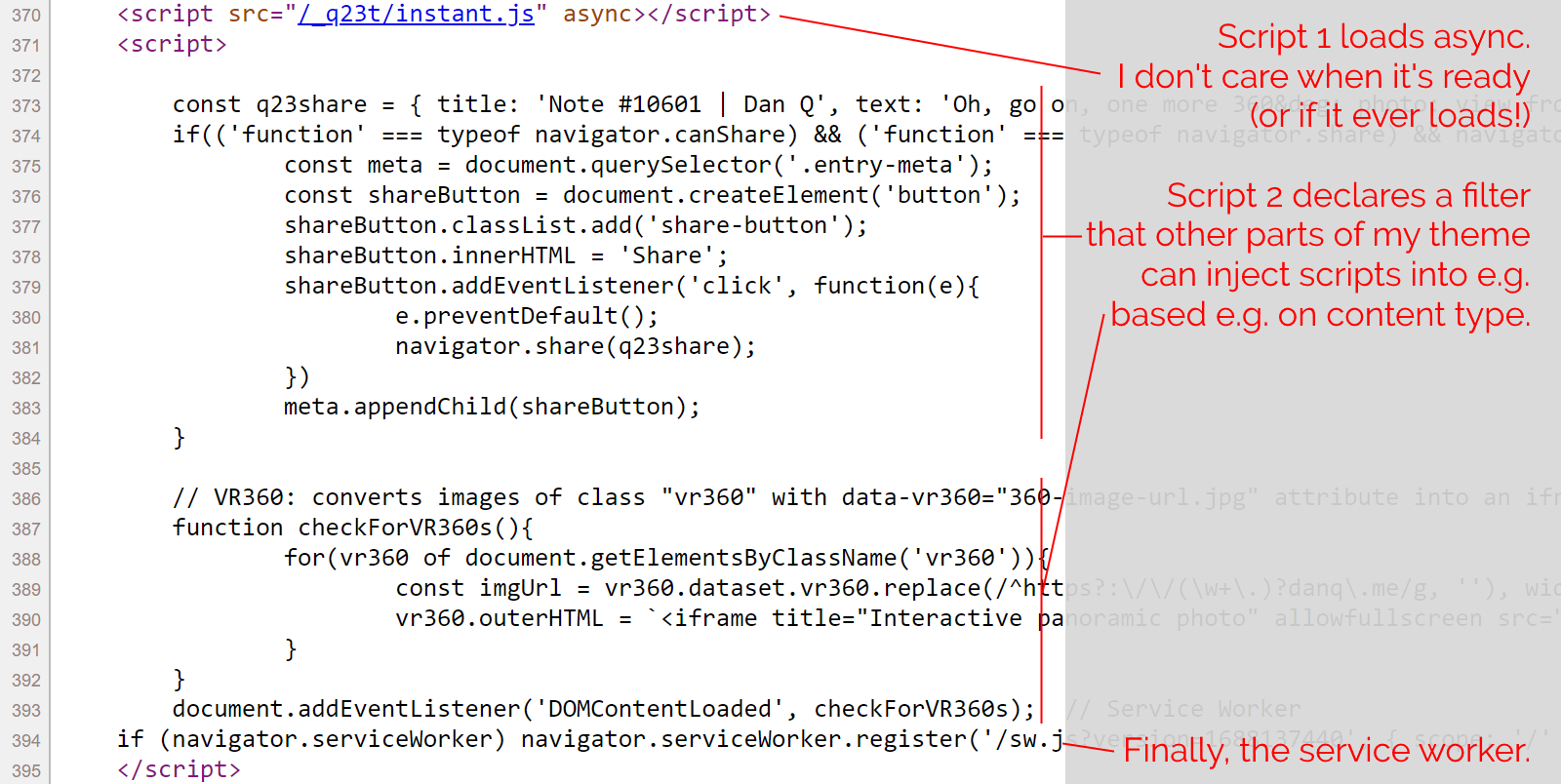 Full image of Screenshot showing source code of <script> tags on danq.me. There's one <script async> that loads instant.js, and an inline script with three sections: one that adds Web Share API functionality, one that manages VR360 images, and one that loads a service worker.