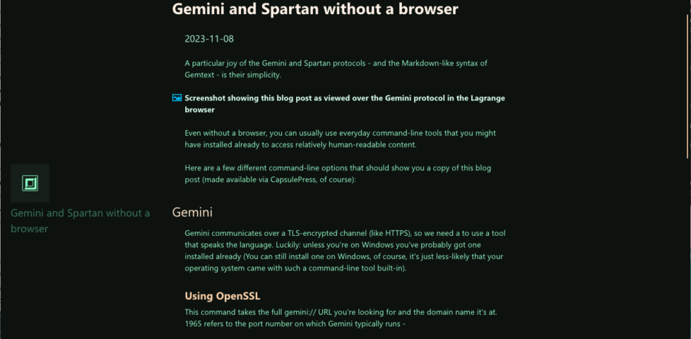 Screenshot showing this blog post as viewed over the Gemini protocol in the Lagrange browser