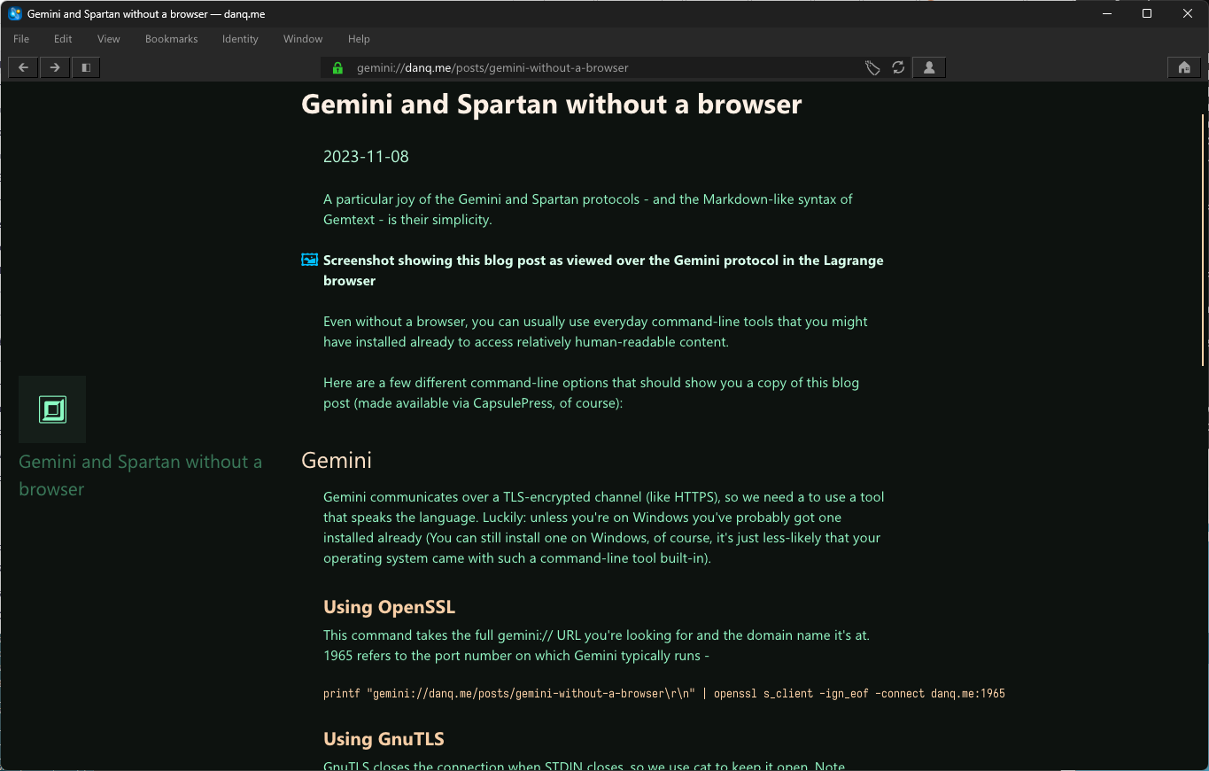Full image of Screenshot showing this blog post as viewed over the Gemini protocol in the Lagrange browser