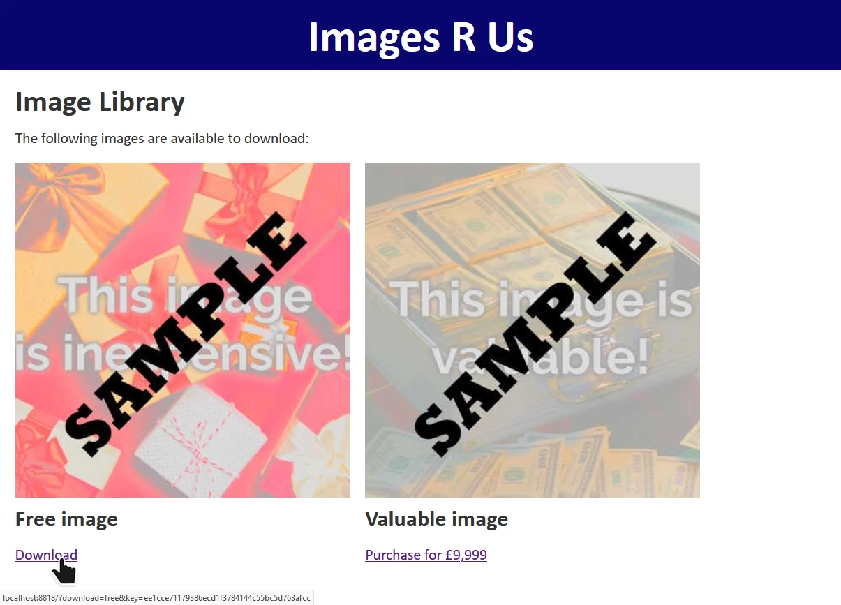 Full image of Screenshot of vulnerable site with legitimate "download" link hovered.