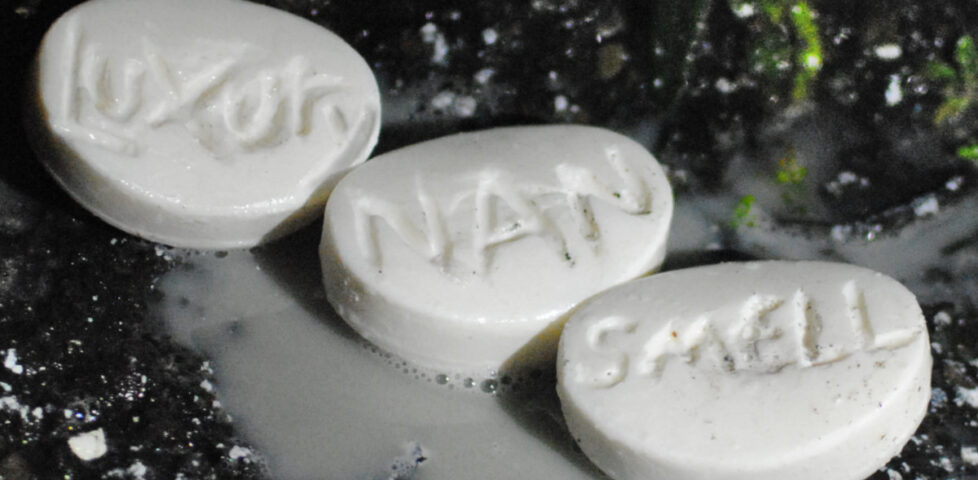 Album cover art for (Derogatory), showing the title in pink cursive script over a three small white ovoid pills dissolving on the ground. The words "luxury nan smell" are carved into the pills.