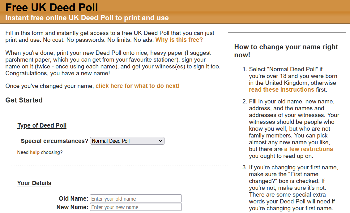 Full image of Screenshot showing freedeedpoll.org.uk