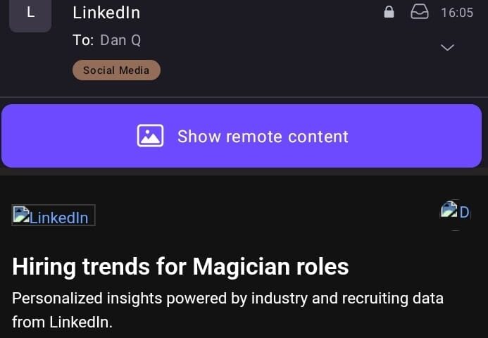 Email from LinkedIn with the subject "Hiring trends for Magician roles".