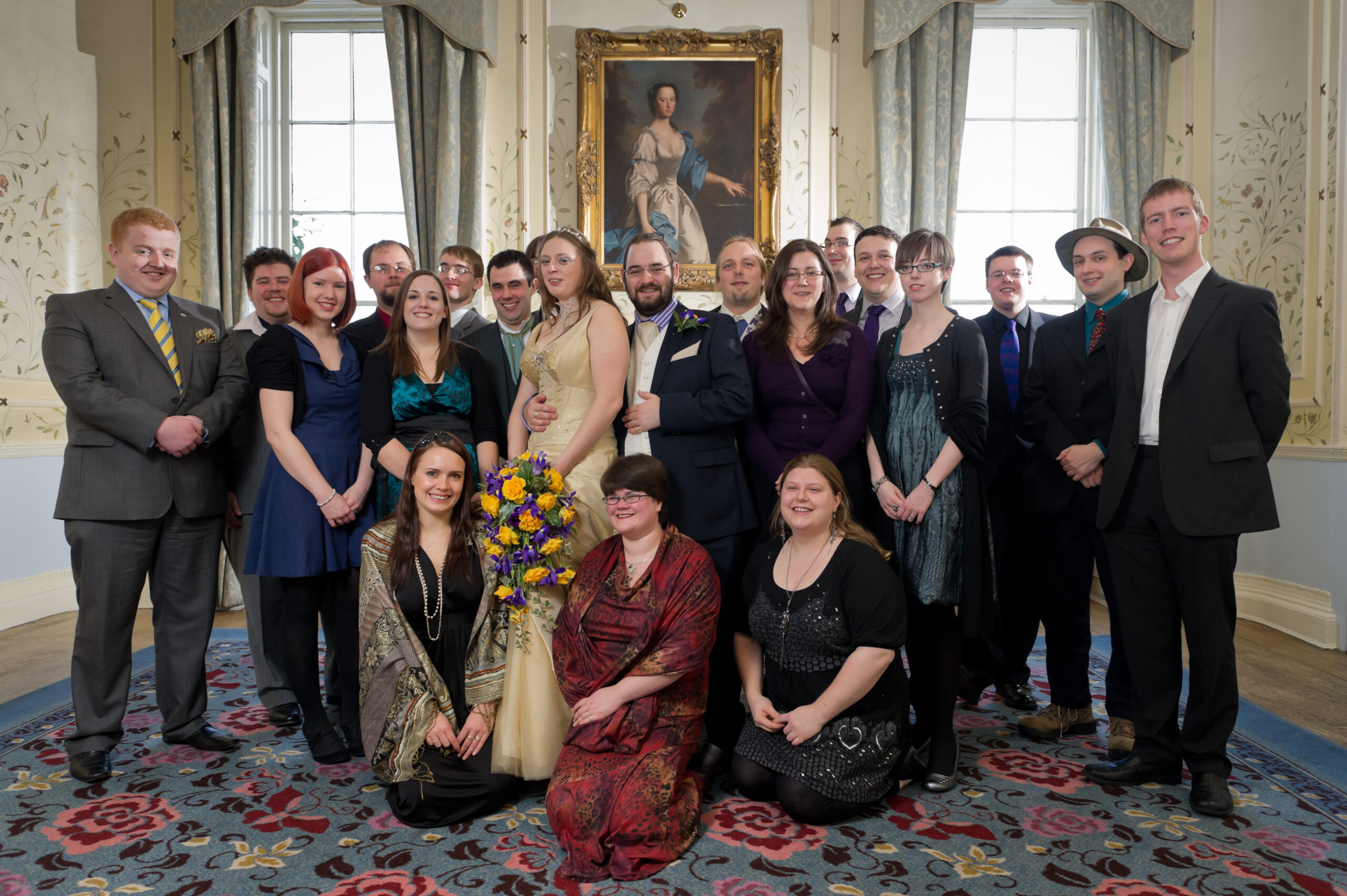 Full image of Dan and Aberystwyth friends at Ruth and JTA's wedding.