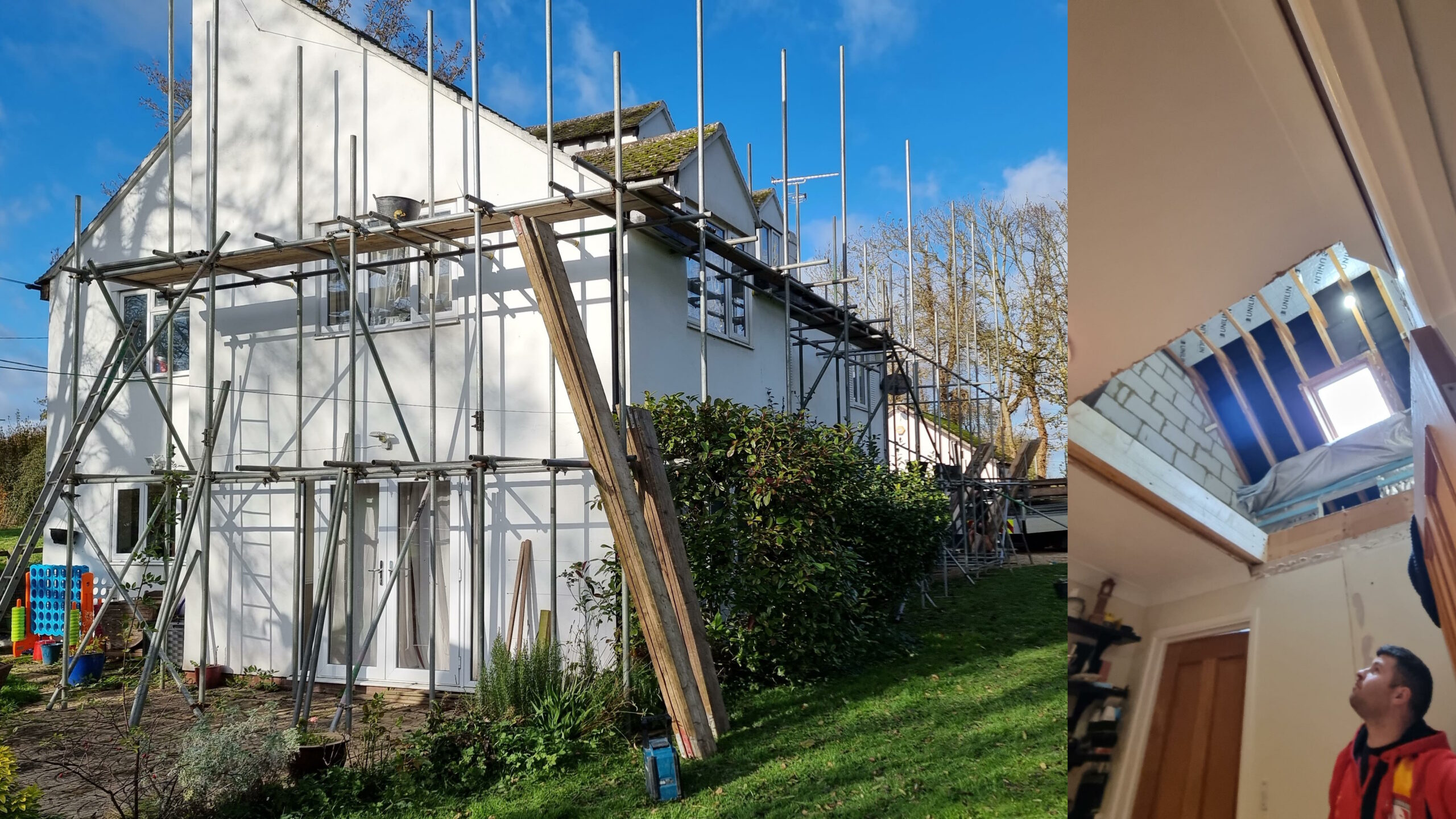 Full image of Composite photo showing (a) a white house clad in scaffolding and (b) a workman looking up at a large square hole that's been cut in the ceiling of a bedroom.