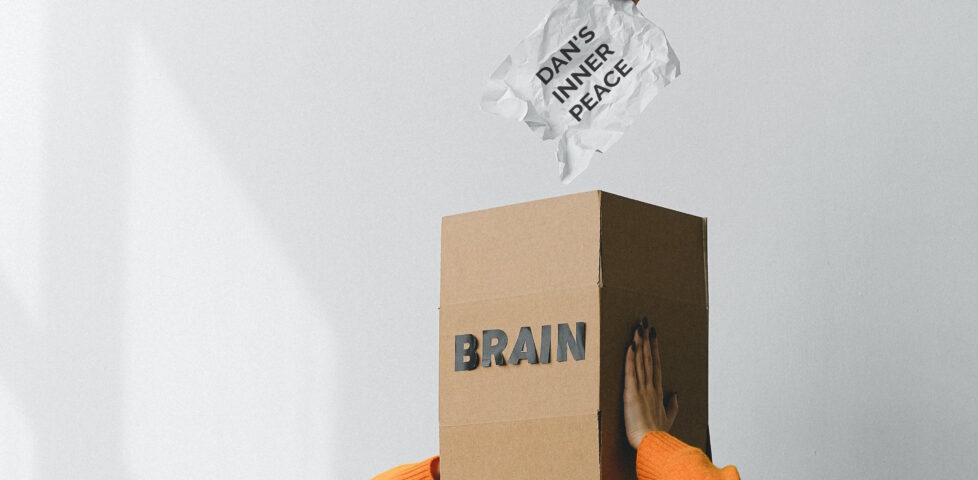 A person in an orange jumper holds a cardboard box labelled "BRAIN", which completely covers their head. From outside the image, an hand above the box is holding a piece of paper labelled "DAN'S INNER PEACE".