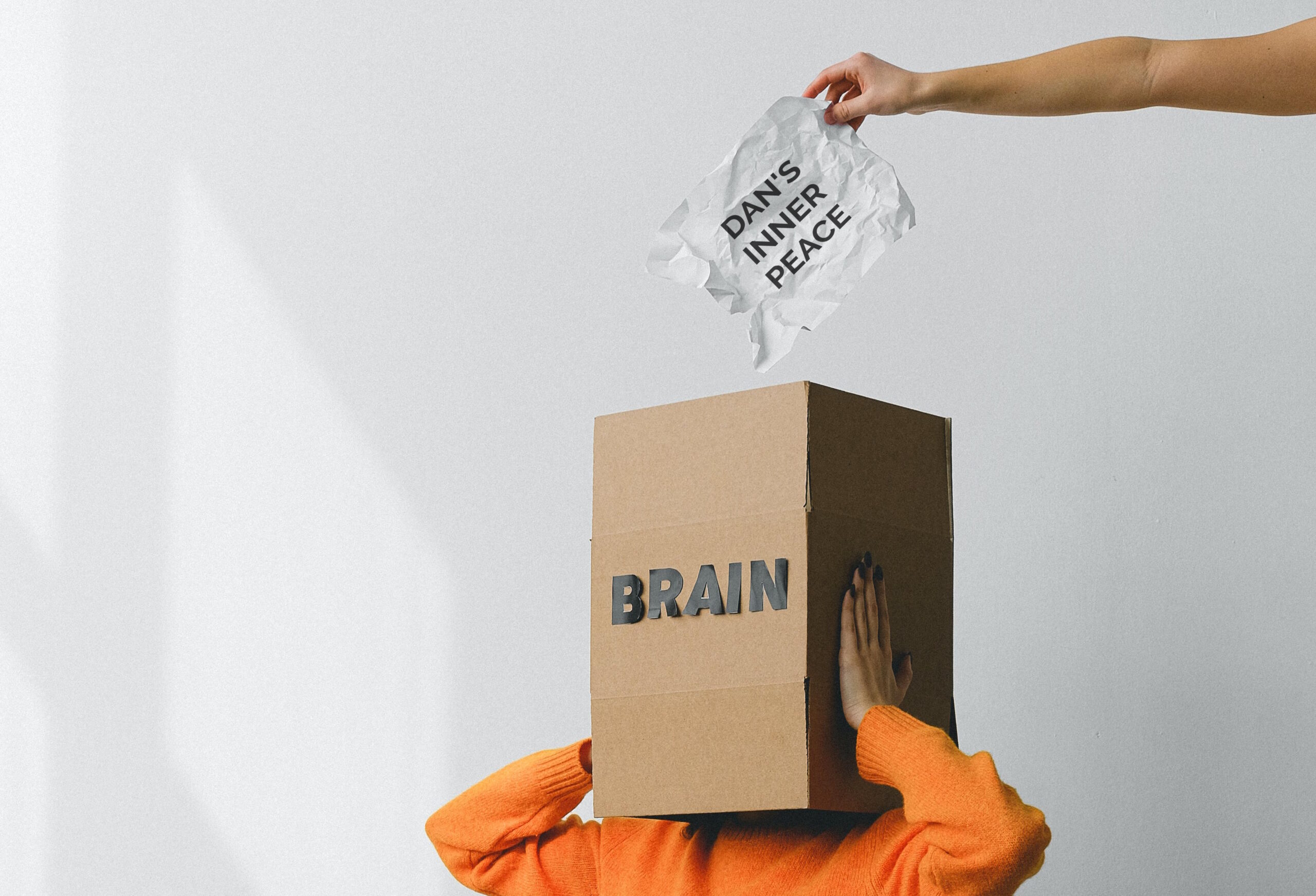 Full image of A person in an orange jumper holds a cardboard box labelled "BRAIN", which completely covers their head. From outside the image, an hand above the box is holding a piece of paper labelled "DAN'S INNER PEACE".