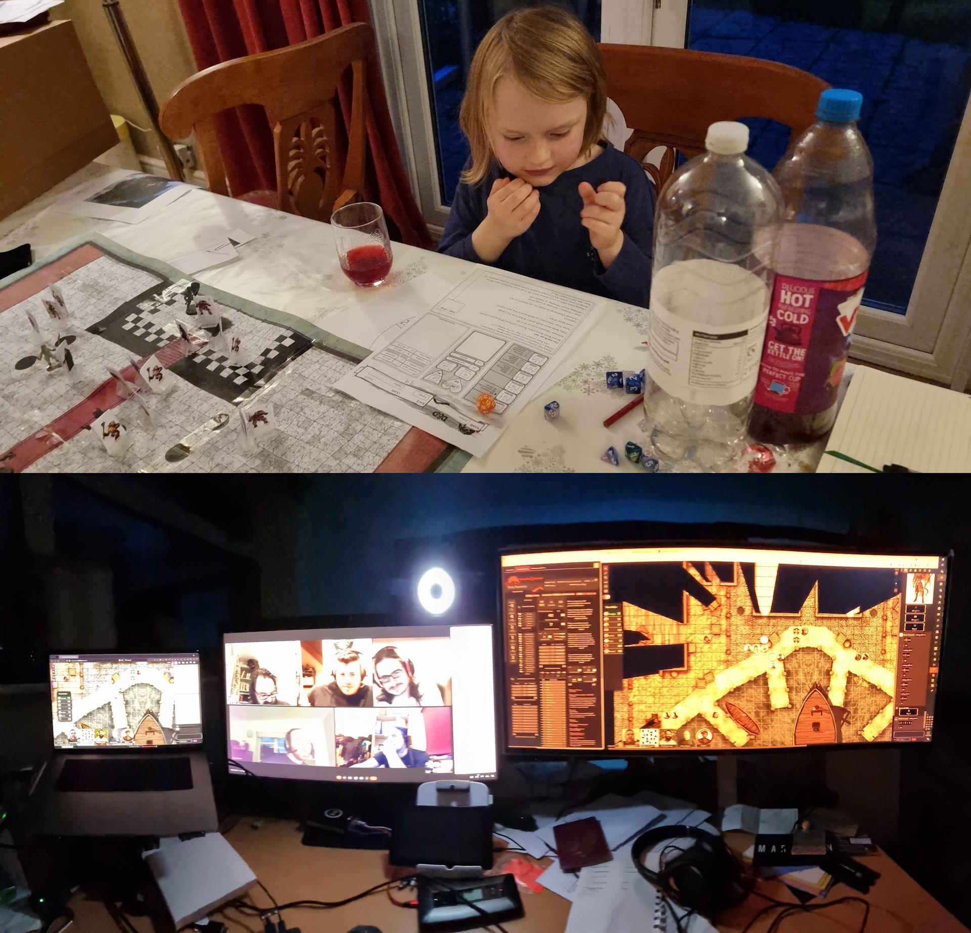 Full image of Composite photo showing a young boy rolling a D20 onto a character sheet in front of a tabletop battlemap, and three monitors in a dark room showing a video chat between people and a digital gameboard.