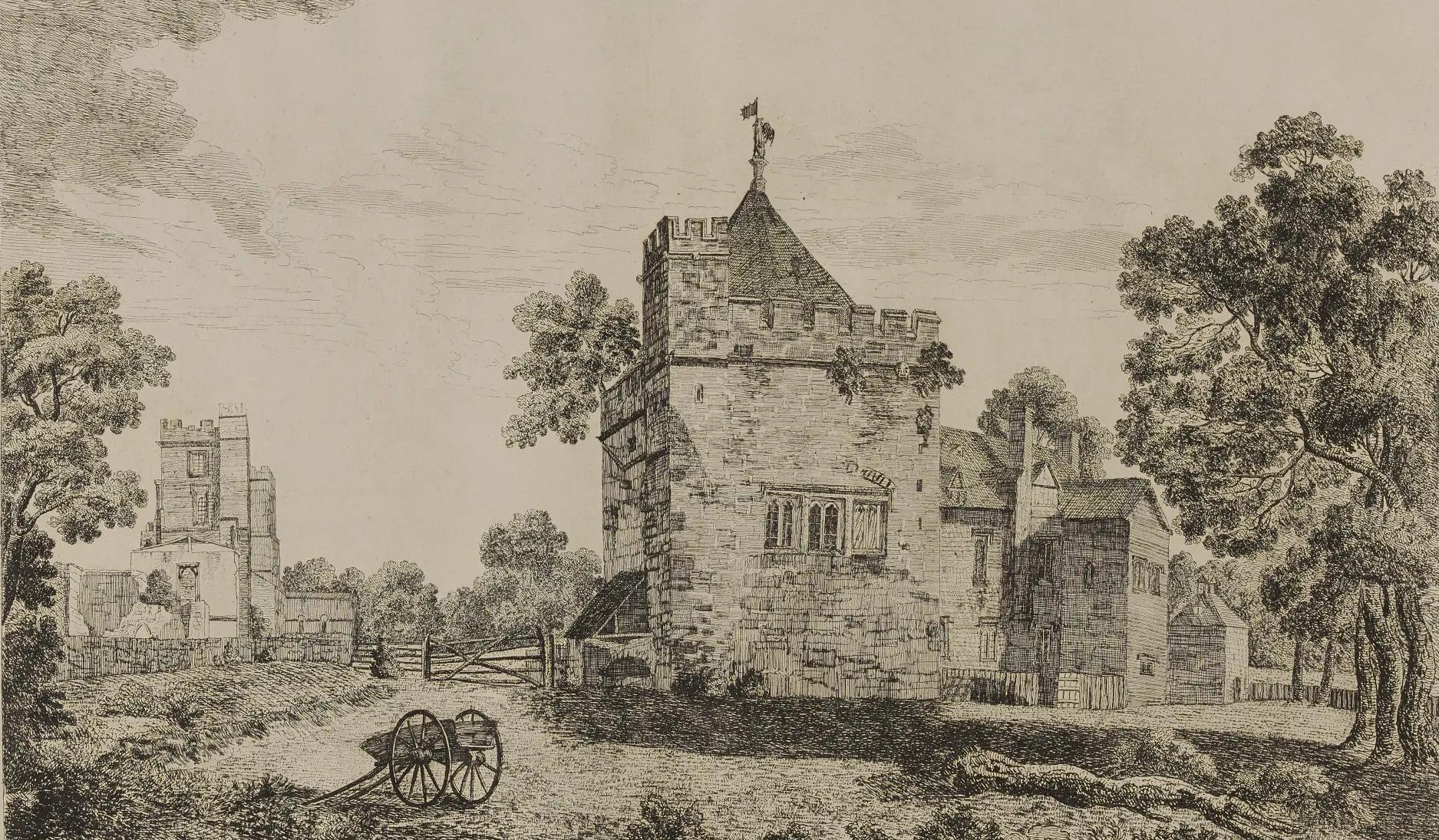 Full image of Woodcut print showing a mostly-intact stone structure of two or three stories in an 18th-century rural setting, with a church in the background.