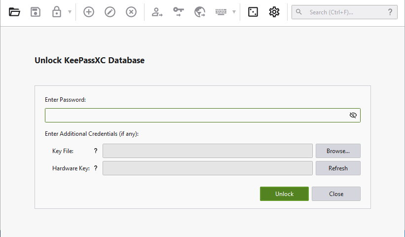 KeePassXC authentication screen on Windows; no password has been entered.