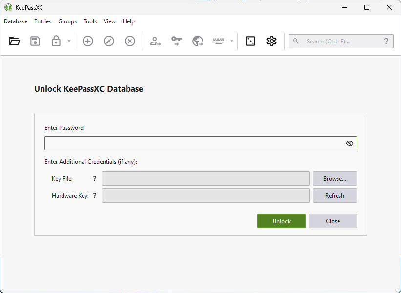 KeePassXC authentication screen on Windows; no password has been entered.