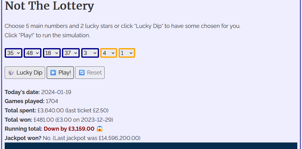 Screenshot of Dan's "Not The Lottery" game. The player has selected the numbers 35, 48, 18, 37, 2 and the lucky stars 4 and 1, and run then through EuroMillions entire history. Had they actually played all those games, they'd have spent £3,640 and won back only £481, for a total loss of £3,159.
