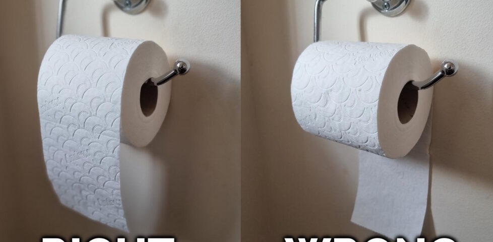Annotated composite photograph showing two toilet rolls on their holster. One hangs in front of the roll, as is correct and proper, and it labelled "right". The other hangs behind the roll, in the terrible forbidden way acceptable only to imbeciles, and is labelled "wrong".