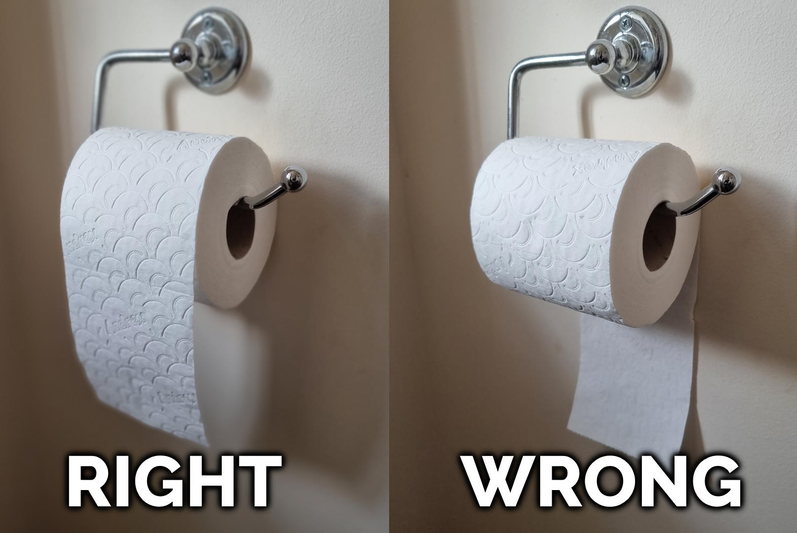 Full image of Annotated composite photograph showing two toilet rolls on their holster. One hangs in front of the roll, as is correct and proper, and it labelled "right". The other hangs behind the roll, in the terrible forbidden way acceptable only to imbeciles, and is labelled "wrong".