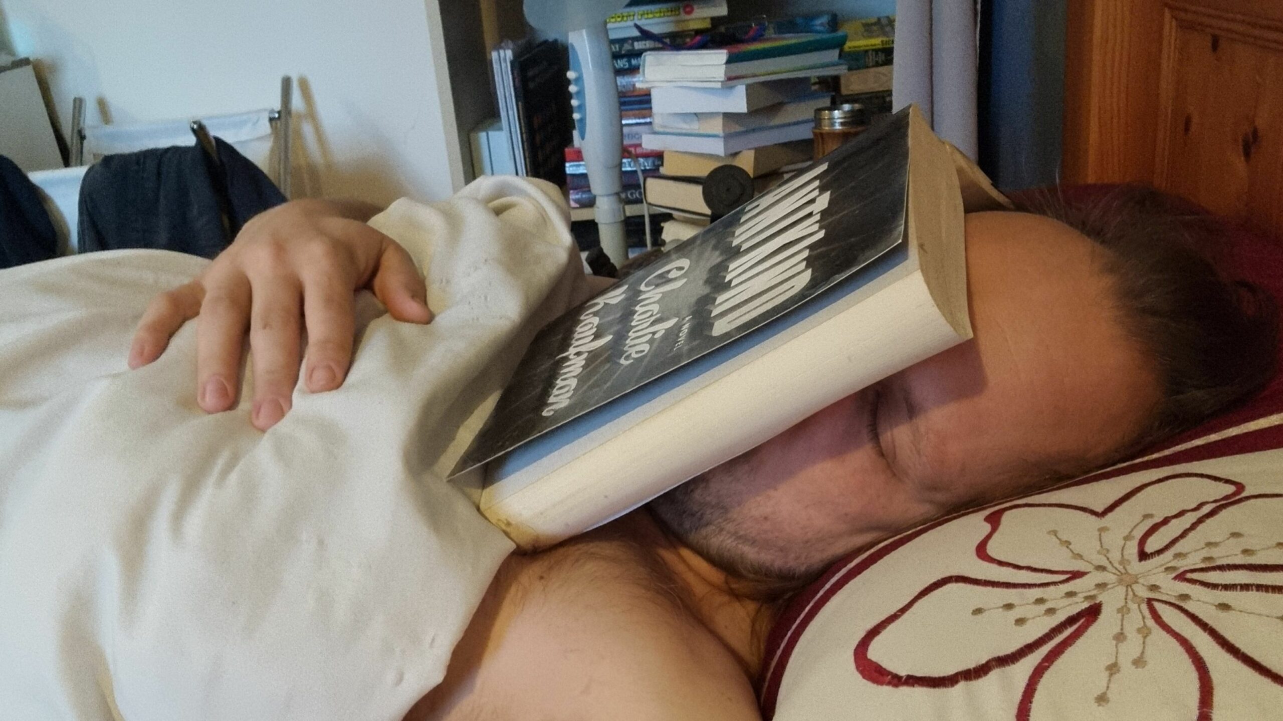Full image of Photograph of Dan in bed, seemingly asleep with an open copy of Antkind on his face.