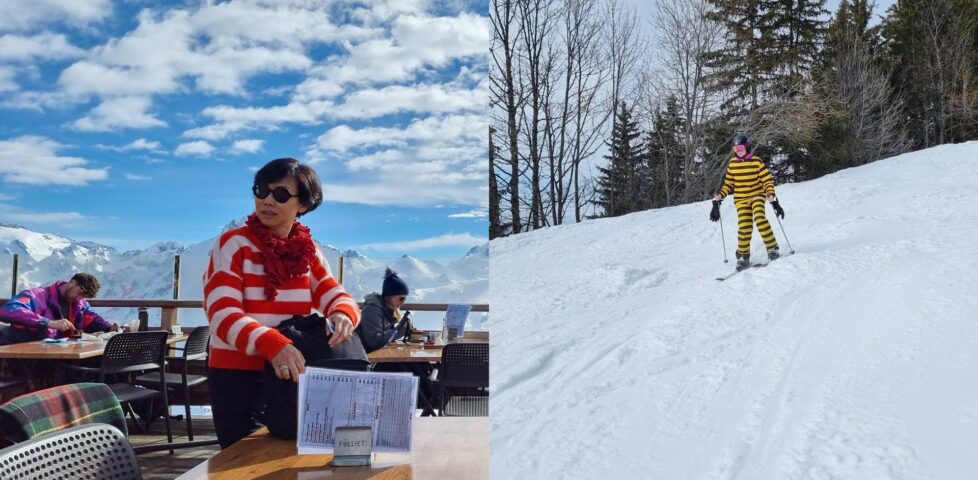 Composite image showing (1) a woman at an alpine terrace bar wearing a red-and-white striped jumper, and (2) a skiier wearing a yellow-and-black striped snowsuit. They look somewhat like Wilma and Odlaw from the Where's Wally?/Where's Waldo? series of books.
