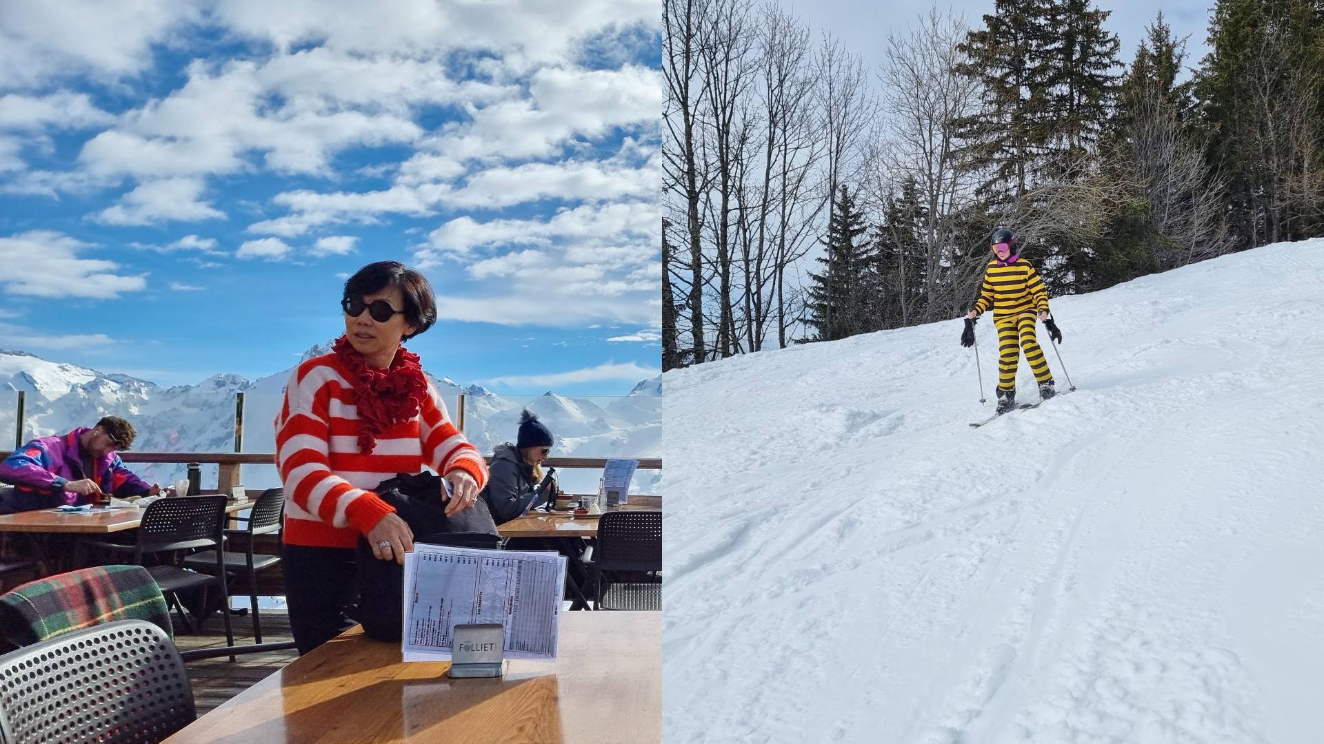 Full image of Composite image showing (1) a woman at an alpine terrace bar wearing a red-and-white striped jumper, and (2) a skiier wearing a yellow-and-black striped snowsuit. They look somewhat like Wilma and Odlaw from the Where's Wally?/Where's Waldo? series of books.