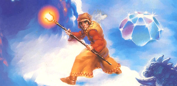 Box art showing a hero dressed in leather armour wielding a staff with a glowing tip in a frozen cave.