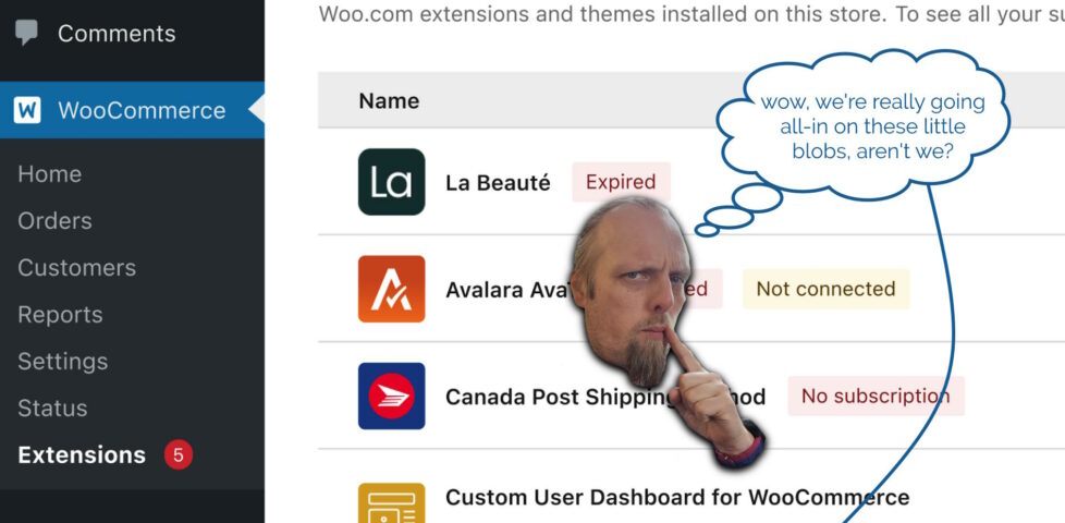 A design for a completely different part of the WooCommerce Extensions Management tool, again with a little green blob. Dan's floating head looks thoughtful above it, with a thought-bubble reading "wow, we're really going all-in on these little blobs, aren't we?"