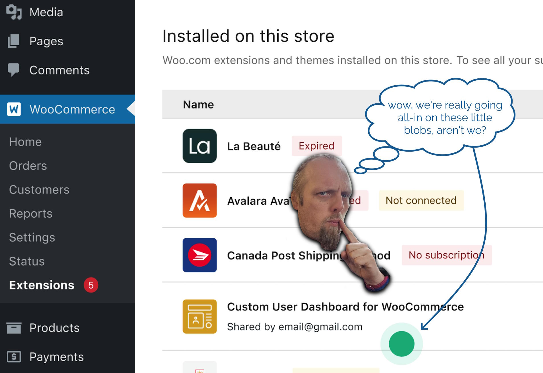 Full image of A design for a completely different part of the WooCommerce Extensions Management tool, again with a little green blob. Dan's floating head looks thoughtful above it, with a thought-bubble reading "wow, we're really going all-in on these little blobs, aren't we?"