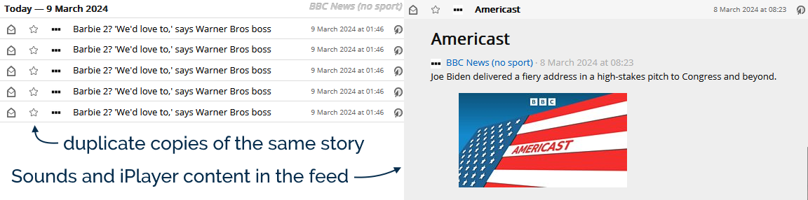 Full image of RSS reader showing duplicate copies of the news story "Barbie 2? 'We'd love to,' says Warner Bros boss", and an entry from BBC Sounds.