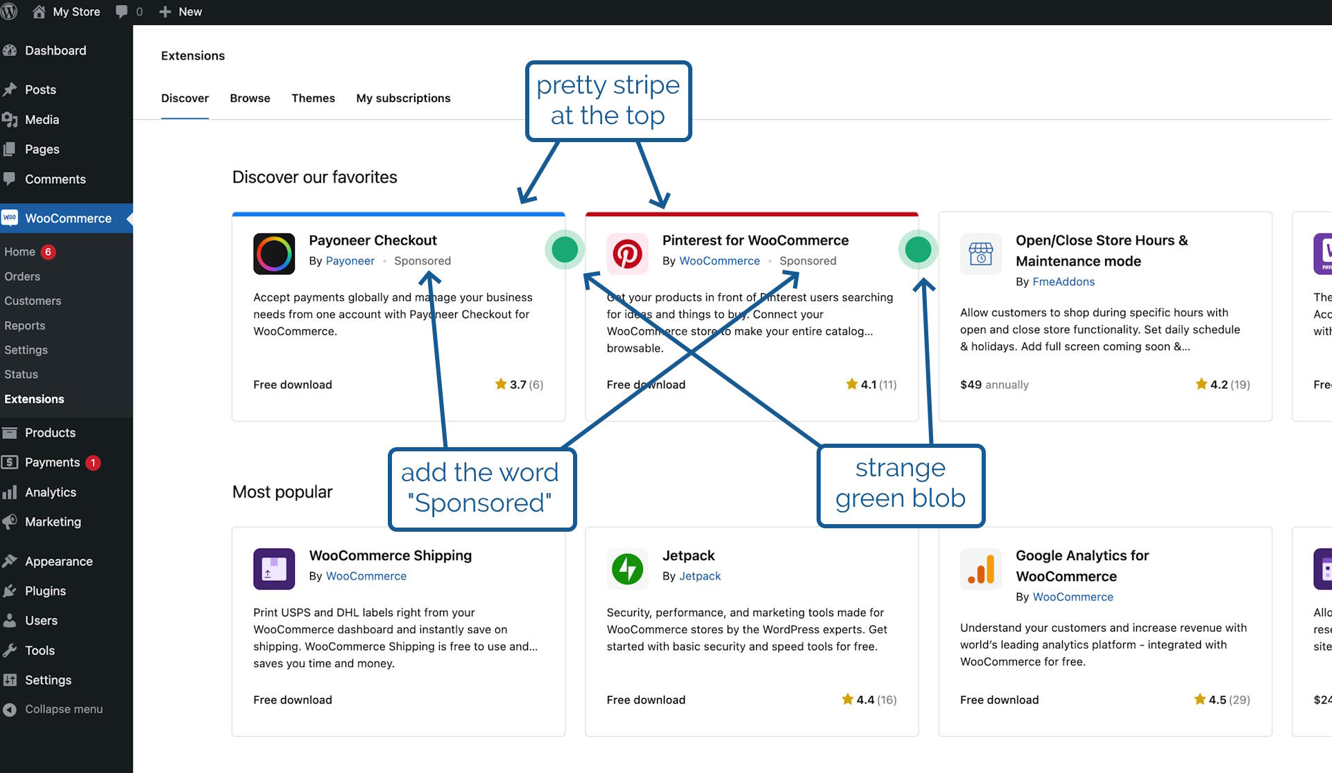 Full image of Screenshot of the WooCommerce Extensions Marketplace, with two sponsored products annotated to show (a) a pretty stripe at the top, (b) adding the word "Sponsored", and (c) a strange green blob alongside each.