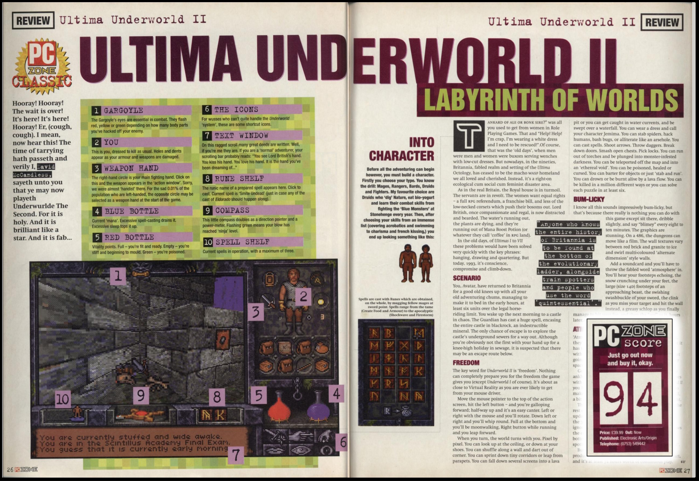 Full image of Composite of PC Zone's review of Ultima Underworld II, overlaid with their final score: "94%: Just go out now and buy it, okay."