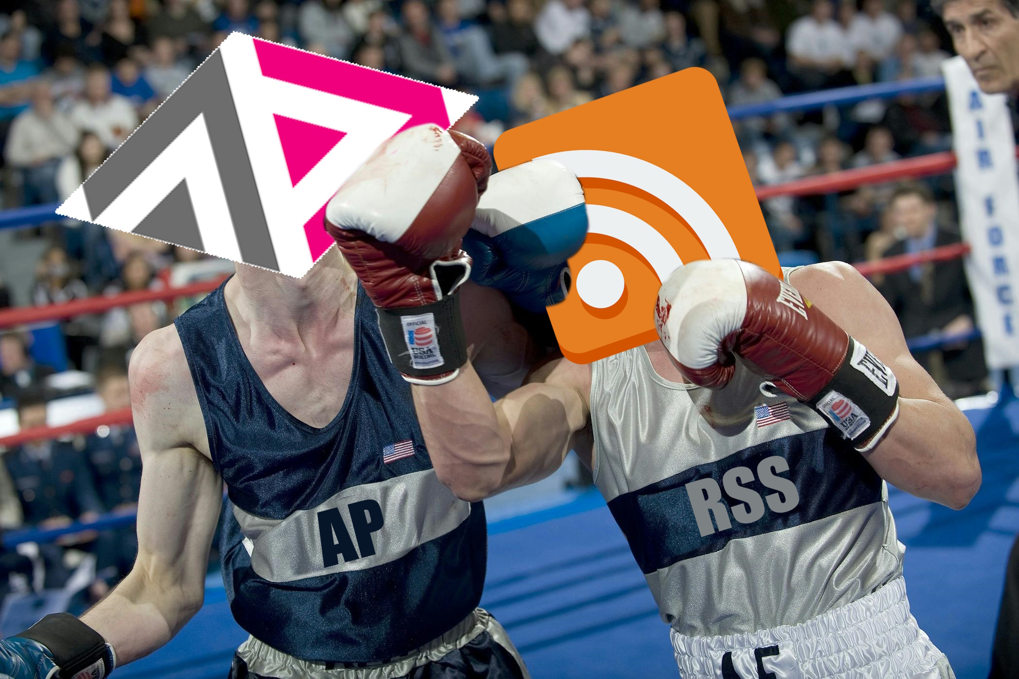Full image of Photograph of a boxing match, but with the heads of the competitors replaced with the ActivityPub and RSS logos (and "AP" or "RSS" written on their clothes, respectively). RSS is delivering a powerful uppercut to ActivityPub.