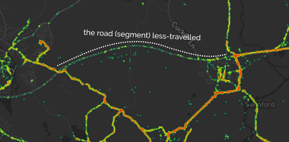 Heatmap showing a "cool spot" on the road (segment) less-travelled.