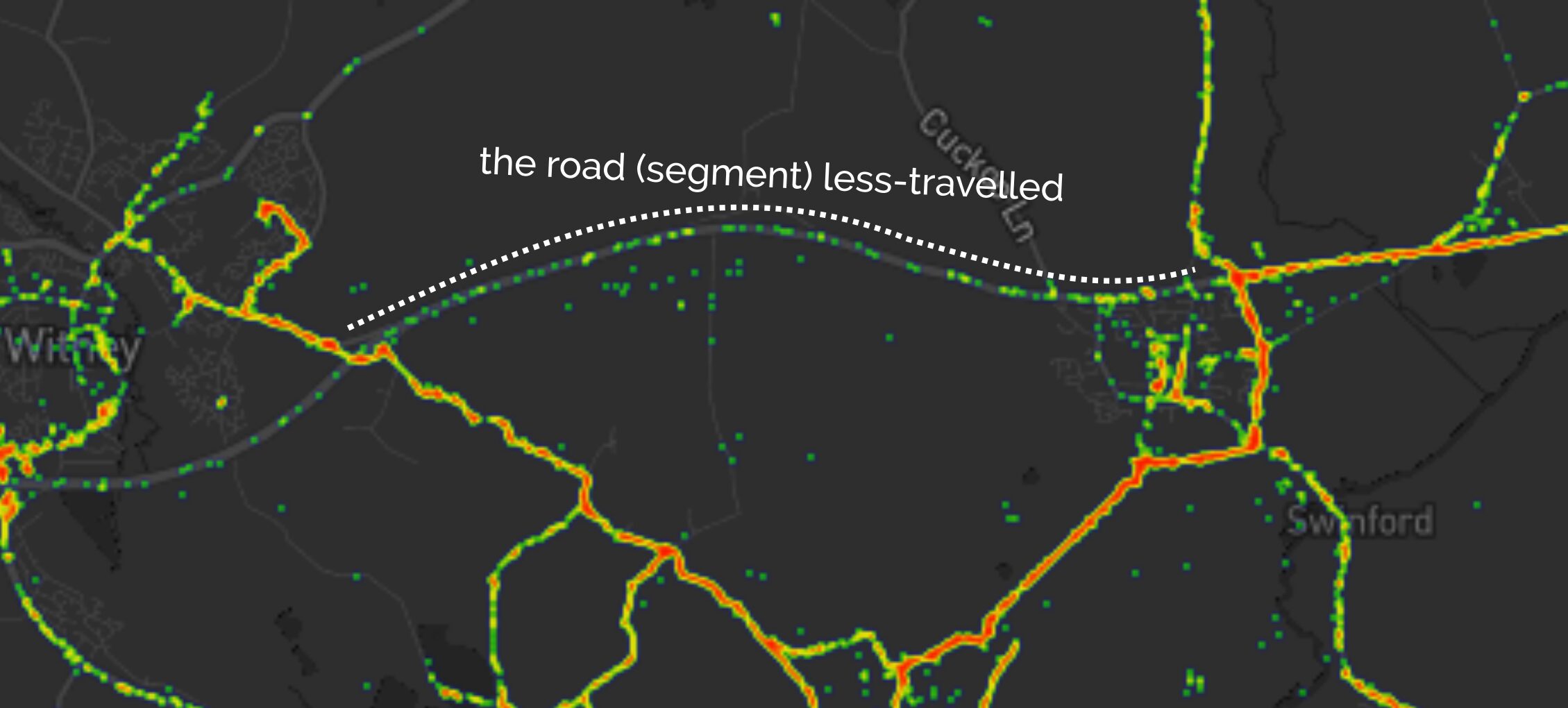 Full image of Heatmap showing a "cool spot" on the road (segment) less-travelled.