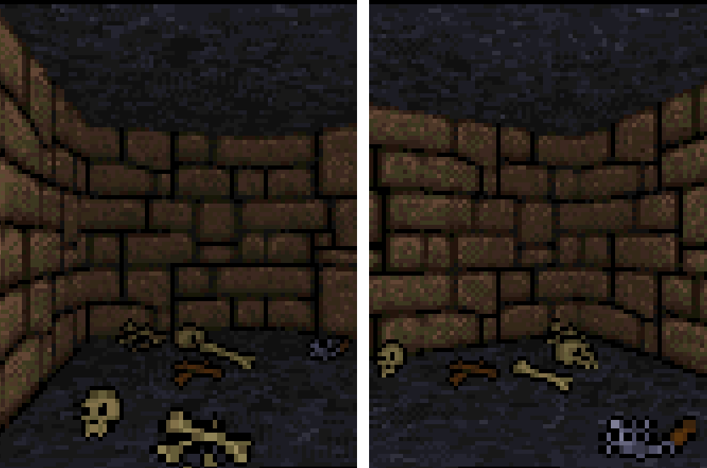 Screenshots of the same piles of bones and detritus in Ultima Underworld I, seen from two different angles.