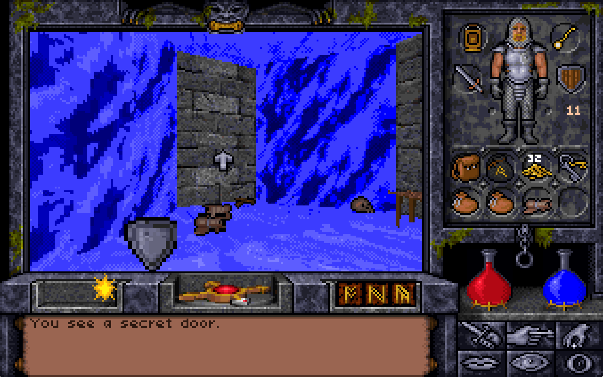 Full image of Looking at a blank patch of wall in a frozen room, the player is told "You see a secret door."