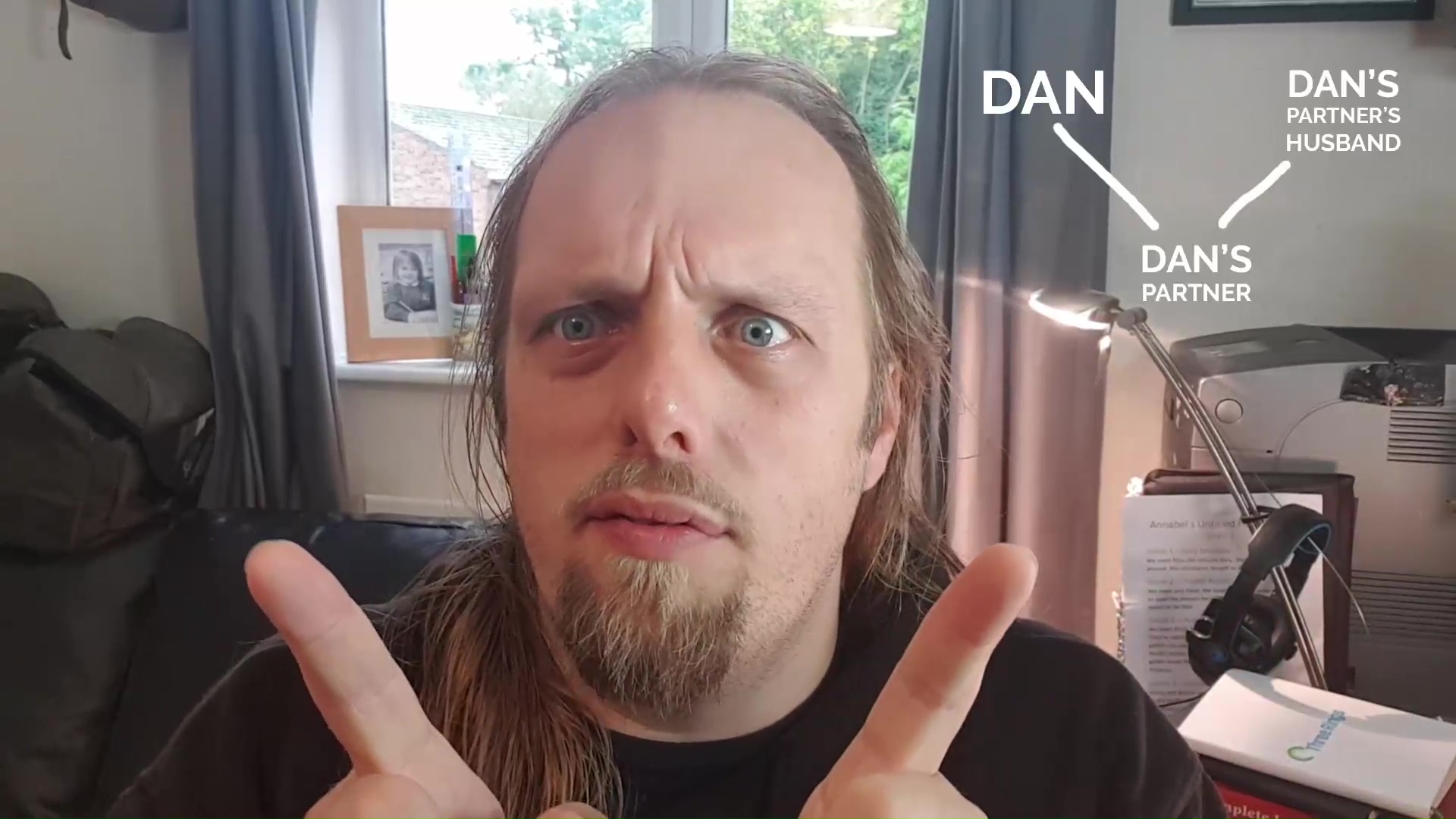 Full image of Framegrab from Dan's Howdymattic video showing him making a "V" shape with his fingers alongside a diagram of his V-shaped relationship.