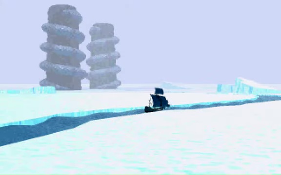 Ultima VII Part 2 introduction, showing a boat sailing through an icy sea corridor towards two serpent pillars.