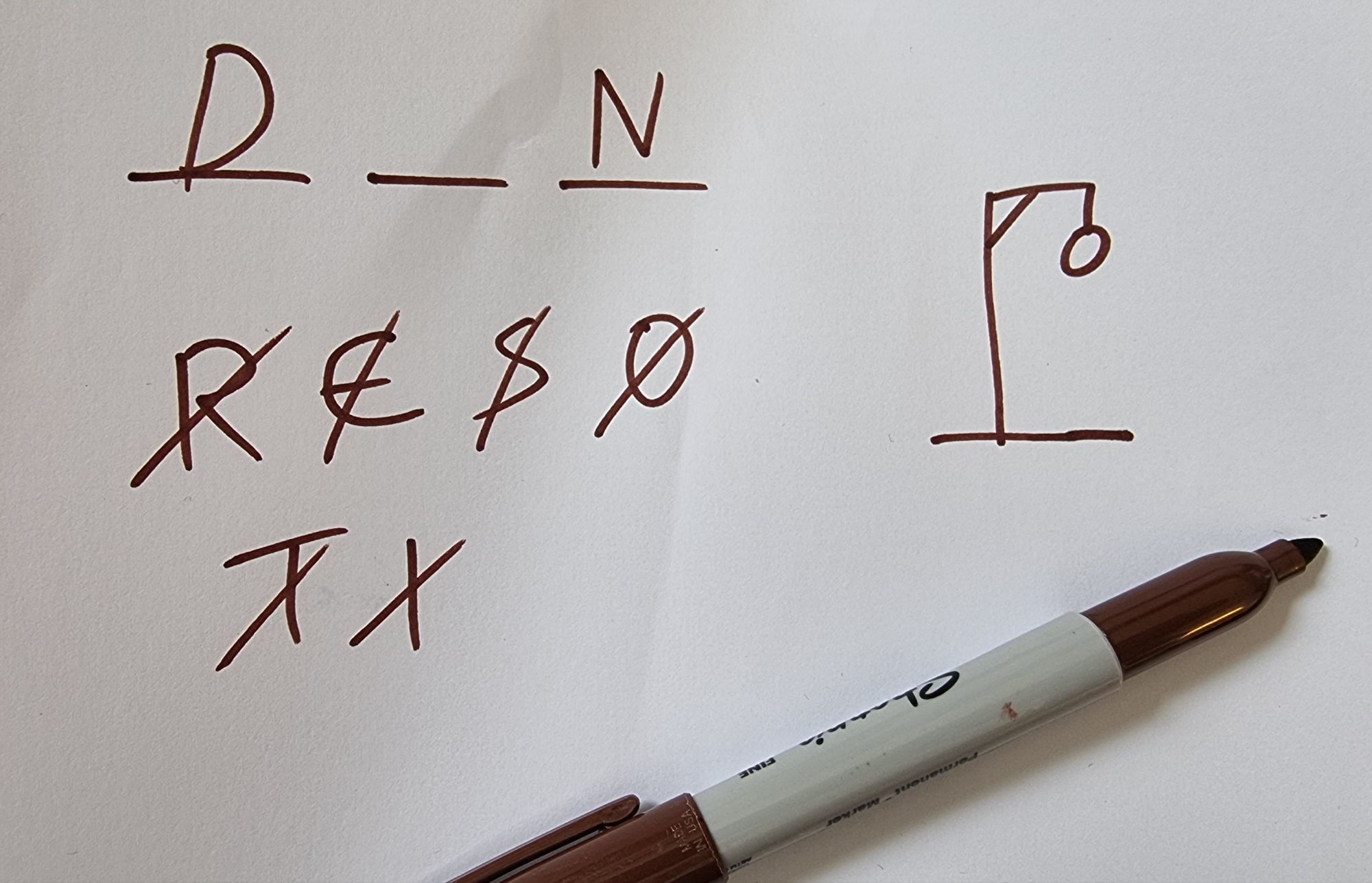 Full image of A game of hangman; D_N; wrong guesses are R, E, S, O, T and I.