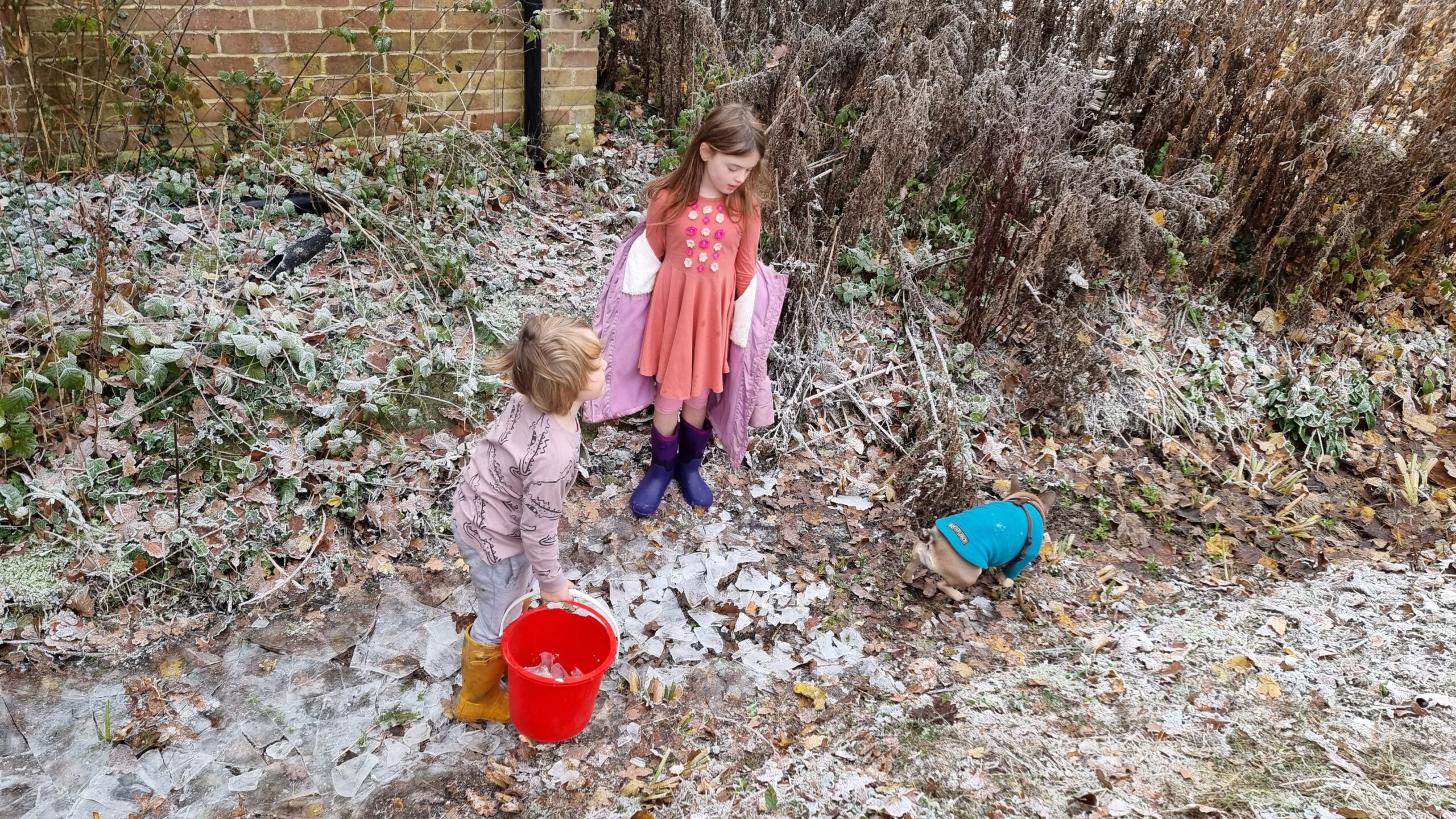 Full image of Two children wearing wellies stand in a ditch, breaking ice into chunks.