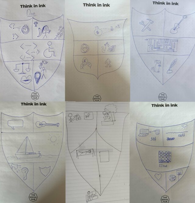 Six hand-drawn sketches of heraldic coats of arms by six different Automatticians. Ballpoint pen on paper.